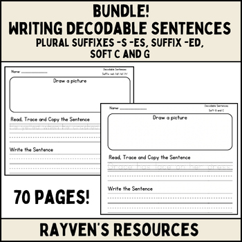 Preview of BUNDLE! Writing Decodable Sentences Plural Suffixes, Suffix ed, Soft C and G 1st