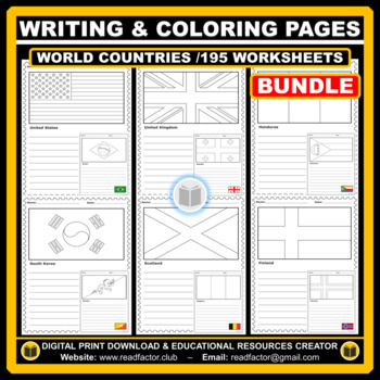 Preview of BUNDLE Writing and Coloring Flags of the World Worksheets (195 country flags)