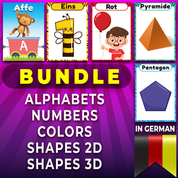 Preview of BUNDLE in German, Alphabets, Numbers 0 to 10, Colors, Shapes 2D & 3D FlashCards