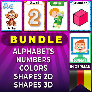 Preview of BUNDLE in German, Alphabets, Numbers 1 to 20, Colors, Shapes 2D & 3D FlashCards