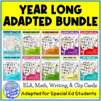 Preview of BUNDLE of Year Long Adapted Academics- 10 Monthly Themed Units for SpEd or Elem