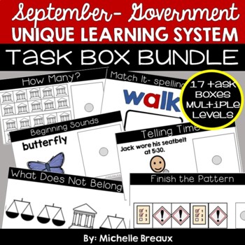 Preview of BUNDLED September Unique Learning Systems Task Boxes- Unit 1 Government