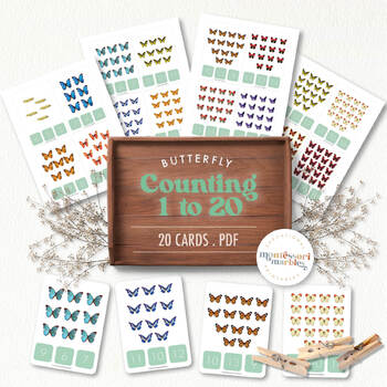 Preview of BUTTERFLY and Caterpillar Counting Clip Cards, Count 1 to 20, Montessori Math
