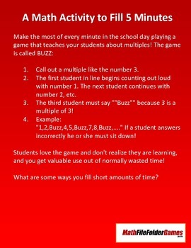 buzz a math activity to fill 5 minutes by mathfilefoldergames tpt