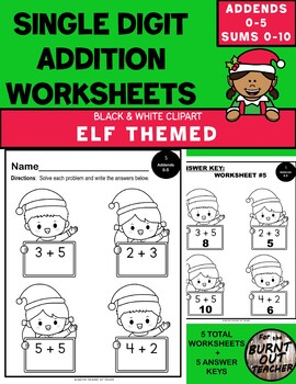 Preview of BW Christmas Santa Elves Elf Addition Math Worksheets Sums 0 - 10 addends 0 - 5