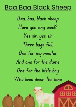 Baa Baa Black Sheep nursery rhyme by Kindy Kindness | TpT