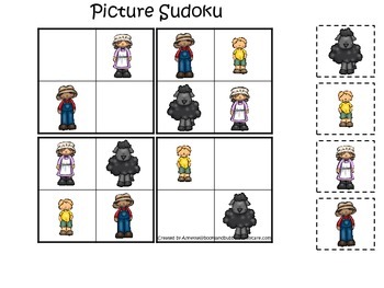 Preview of Baa Baa Black Sheep themed Picture Sudoku preschool educational game.