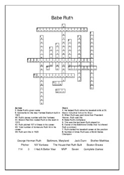 Ruth Crossword Puzzle and Word Search Baseball Bell Ringer