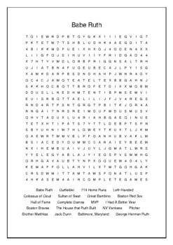 Ruth Crossword Puzzle and Word Search Baseball Bell Ringer