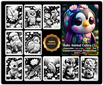 Preview of Baby Animal Cuties (Vol. 5) - 10 Printable Grayscale Coloring Pages + Fun Facts