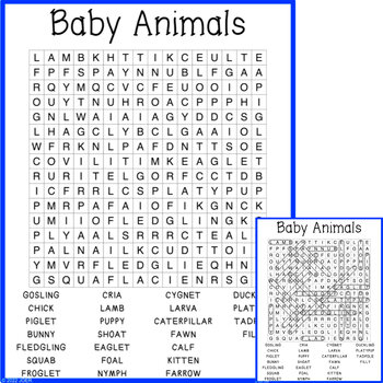 Baby Animals Word Search by Jennifer Olson Educational Resources
