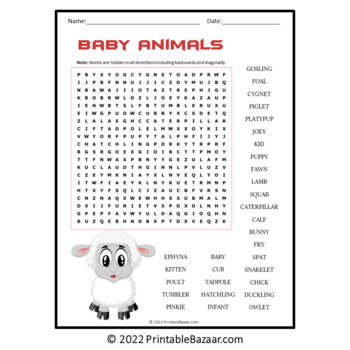 Baby Animals Word Search Puzzle - No Prep Activity Printable PDF