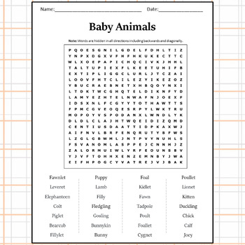 Baby Animals Word Search Puzzle Worksheet Activity by Word Search Corner