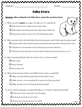 Preview of Baby Bears Comprehension Questions (Wonders)