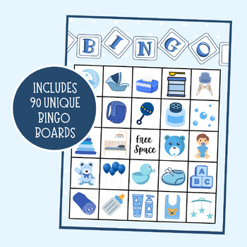 Preview of Baby Boy Bingo | 90 Cards | Baby Bingo | Baby Shower Bingo | Baby Shower Game