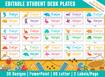 Preview of Baby Dinosaur Student Desk Plates: 30 Editable Designs with PowerPoint