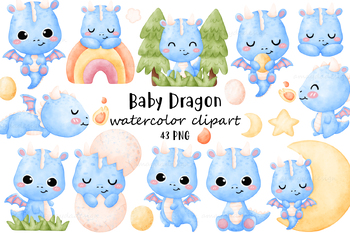Preview of Baby Dragon Dinosaurs Watercolor Clipart