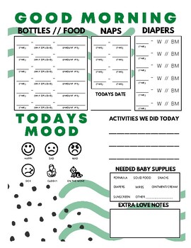 Preview of Baby / Infant Love Notes, Daily Log, Preschool Notebook - Dark Green Theme