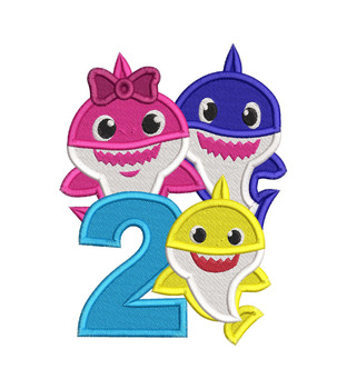 Baby Shark Birthday Number 2 Fill Machine Embroidery Design Mommy Shark Fill