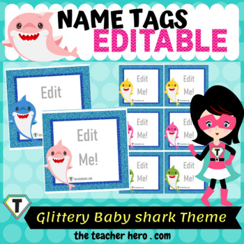 baby shark theme name tags editable by the teacher hero tpt