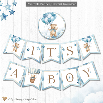Preview of Baby Shower Banner, It's a Boy Banner, Blue Teddy Bear, PRINTABLE