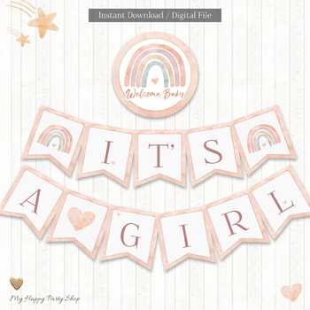 Preview of Baby Shower Banner, It's a Girl, Welcome Baby Banner, Boho Rainbow, PRINTABLE