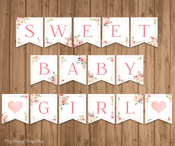 Preview of Baby Shower Banner, Sweet Baby Girl Girl, Roses, PRINTABLE