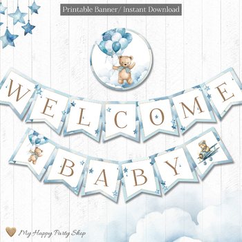 Preview of Baby Shower Banner, Welcome Baby Banner, Blue Teddy Bear, PRINTABLE
