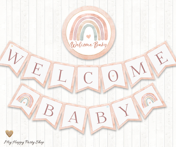 Preview of Baby Shower Banner, Welcome Baby Banner, Boho Rainbow, PRINTABLE