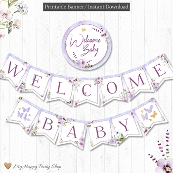Preview of Baby Shower Banner, Welcome Baby Banner, Lavender, Baby Shower Decor, PRINTABLE