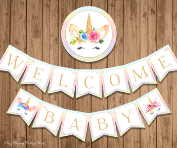 Preview of Baby Shower Banner, Welcome Baby Banner, Unicorn, PRINTABLE
