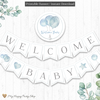 Preview of Baby Shower Banner, Welcome Baby Boy Banner, Balloons Theme, PRINTABLE