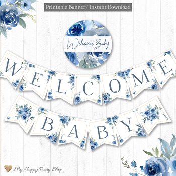 Preview of Baby Shower Banner, Welcome Baby Boy Banner, Roses Theme, PRINTABLE