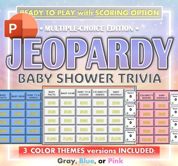 Preview of Baby Shower Jeopardy Trivia Game - with Scoring and 3 Color Theme Options (.ppt)