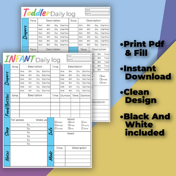 Preview of Baby & Toddler Daily Log for Daycare, childcare and Preschool. Baby Activity Log