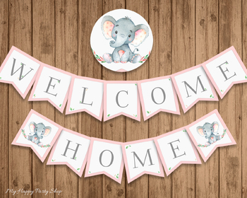 Preview of Baby Welcome Home Banner, Welcome Baby Banner, Pink Elephant, PRINTABLE
