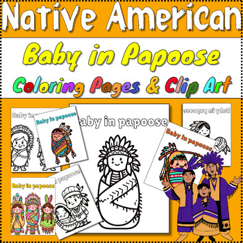 Preview of Baby in Papoose - Southwest Native American Coloring Pages & Clip Art⭐Color/BW⭐