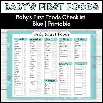 Preview of Baby’s First Foods Checklist-Blue, Baby Solid Food Log, Baby’s First 100 Foods