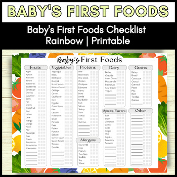 Preview of Baby’s First Foods Checklist-Rainbow, Baby Solid Food Log, First 100 Foods