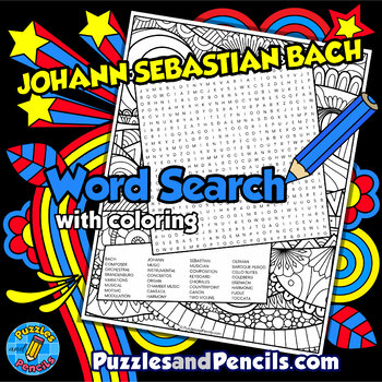 Preview of Bach Word Search Puzzle Activity page with Coloring | Famous Music Composers