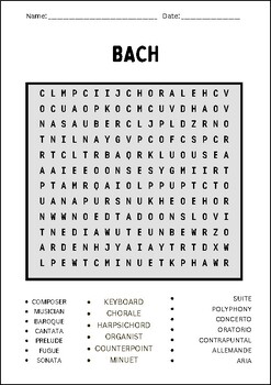 Bach Word Search puzzles worksheet activity by Basic worksheet store