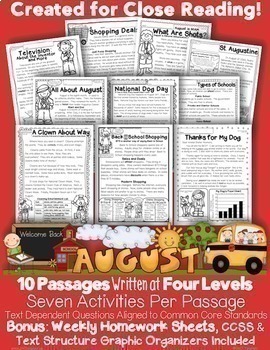 Preview of Back 2 School Close Reading Passages 10 Leveled Aug. Digital Google Slides/pdfs