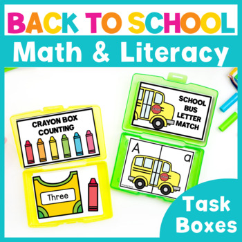 Preview of Back To School Activities PreK Task Boxes Math and Literacy Centers