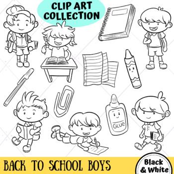 Back To School Boys Clip Art Collection Black And White Only Tpt