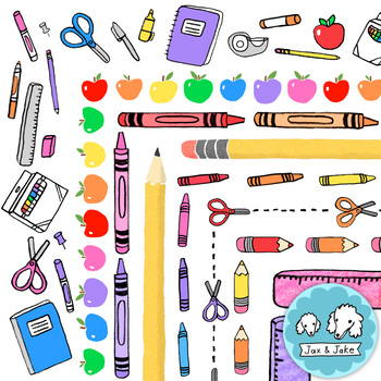 Preview of Back To School Supplies Clipart Page Borders, Rainbow Apple Crayon Doodle Frames