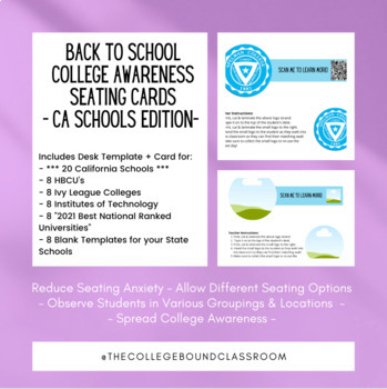 Preview of College Awareness Cards for Seating, Boards + Activities - California Colleges