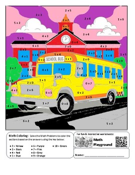 Preview of Back To School Coloring by Code Worksheet (Addition 0 to 10)