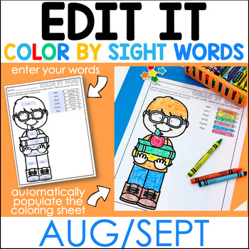 Preview of Back To School Edit It Color By Sight Word - Editable