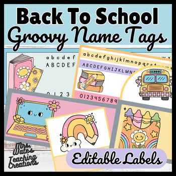Preview of Back To School Editable Name Tags | Groovy Desk Tags | Number Lines | Decor