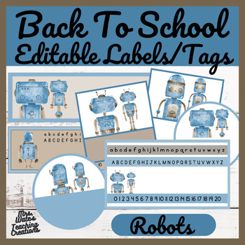 Preview of Back To School Editable Robot Themed Name Tags & Robot Classroom Decor